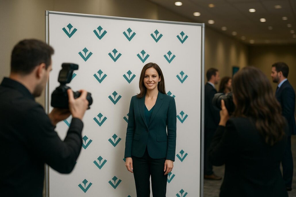 A matte tension-fabric step and repeat backdrop set up at a 2026 event photo area