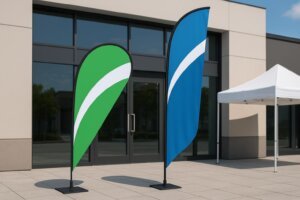 Custom feather flags outside a storefront and event entrance in a light breeze