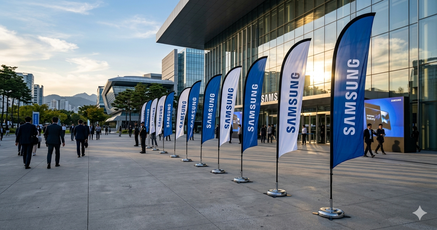 Custom feather flags outside a storefront and event entrance in a light breeze