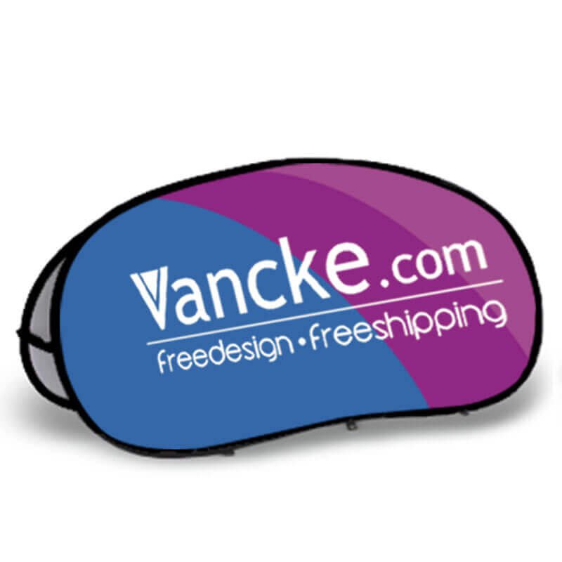 Custom horizontal oval pop up banner template displaying full-color branding on an event lawn