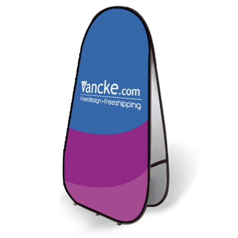 Custom vertical pop up banner displaying portrait-oriented corporate logo graphics for retail walkways
