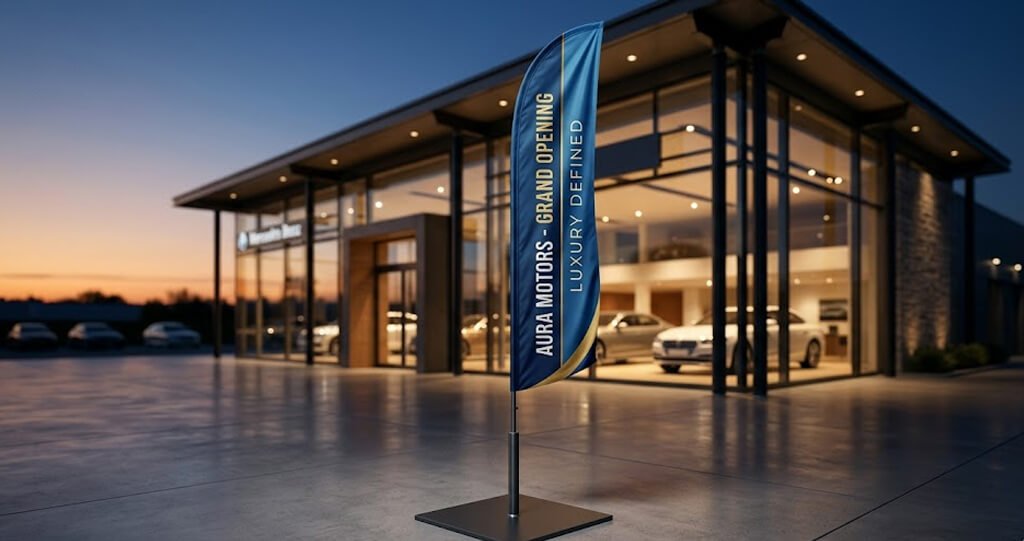 Custom Feather Flagson the front of car shop