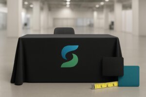 Custom logo tablecloth (branded table throw) on a trade show table