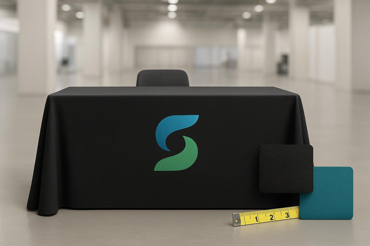 Custom logo tablecloth (branded table throw) on a trade show table