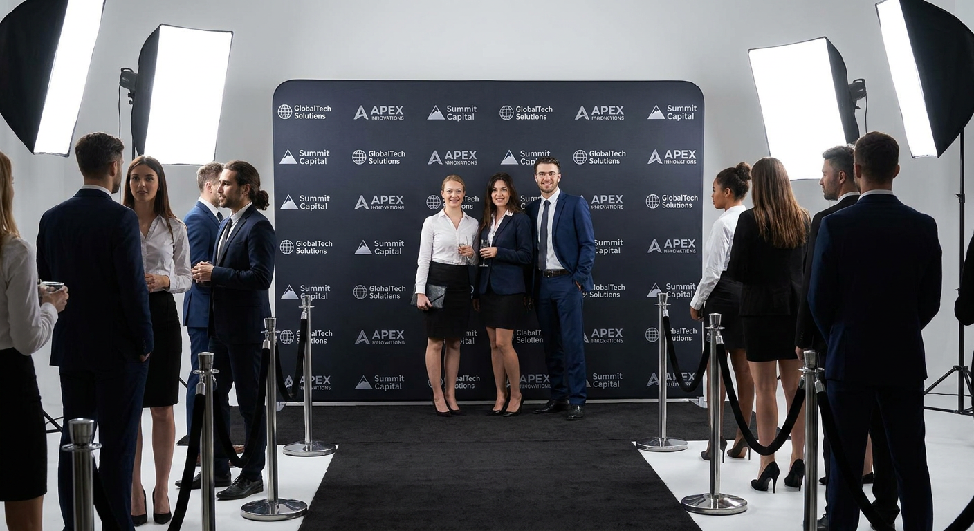 Step and repeat backdrop setup at a corporate event with anti-glare tension fabric banner and red carpet runner