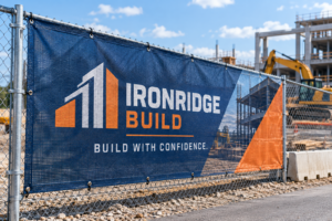 IRONRIDGE BUILD custom mesh banner with reinforced edges and grommets attached to a construction fence