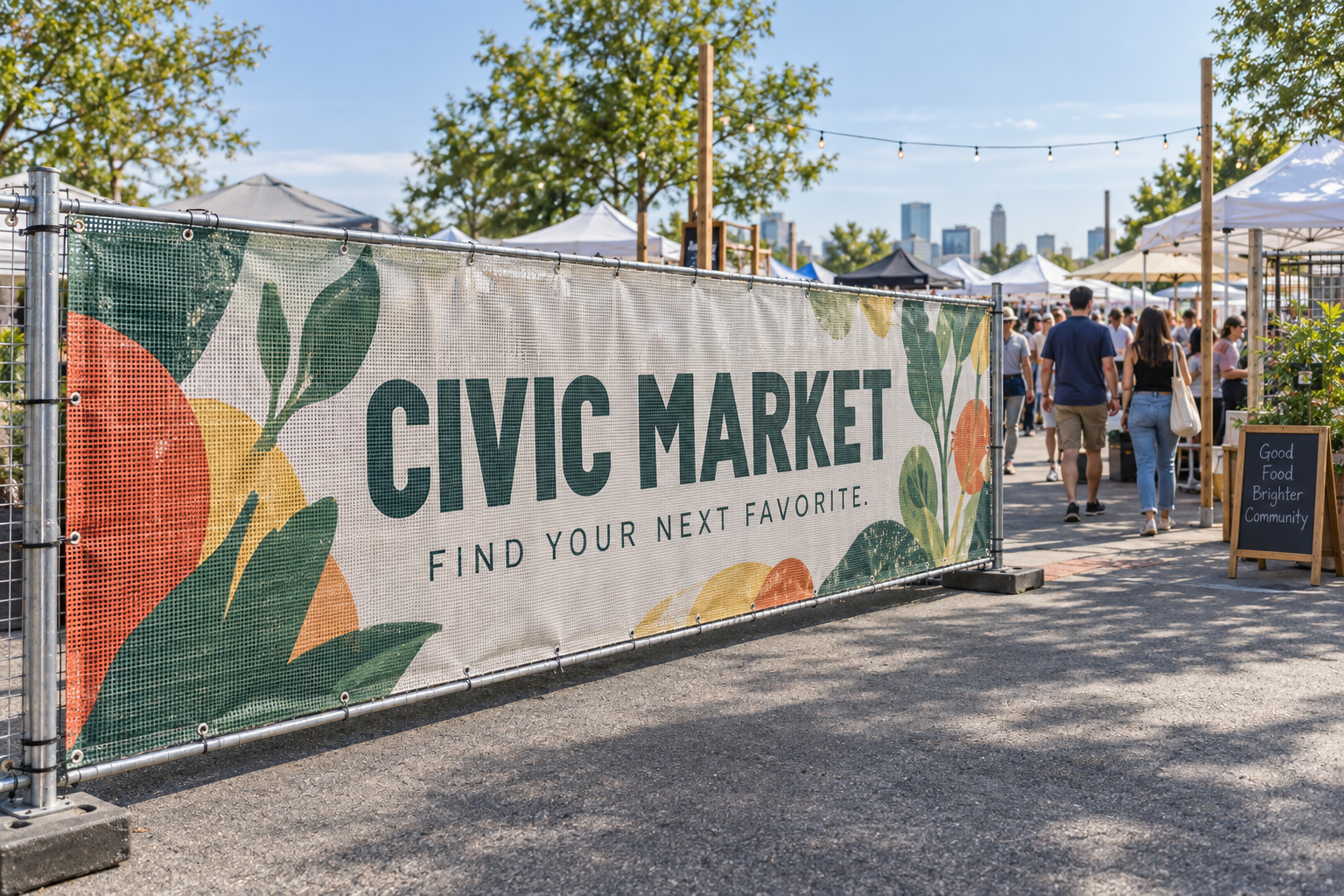 CIVIC MARKET custom mesh banner with perforated fabric and reinforced grommeted edges at an outdoor market entrance