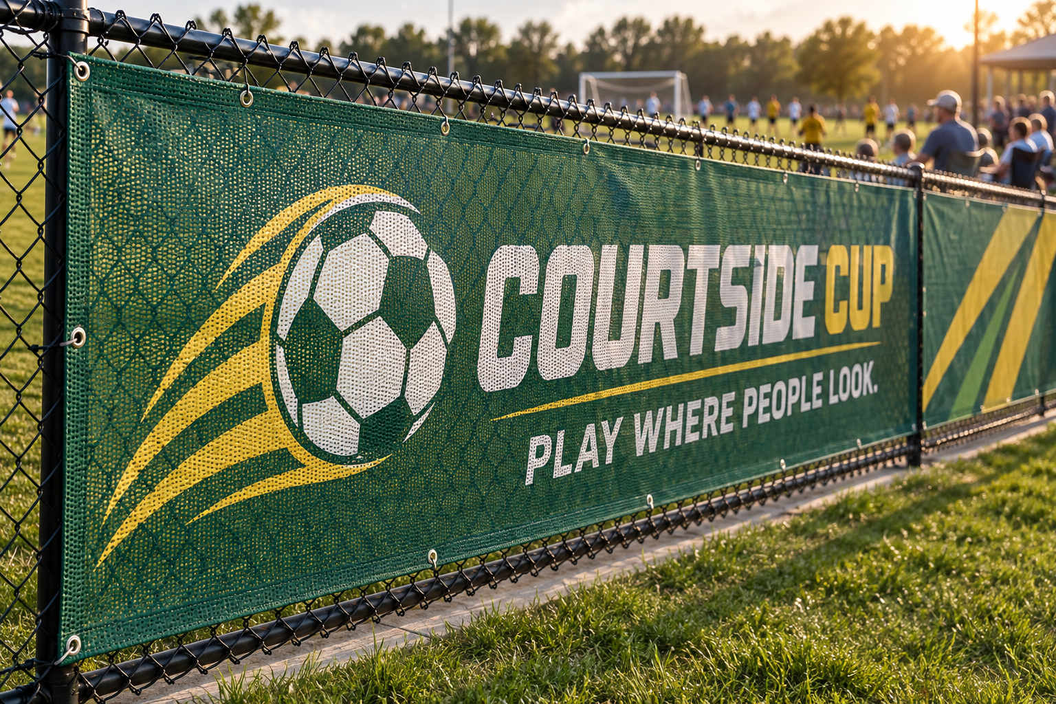 COURTSIDE CUP custom mesh banner stretched along a sports-field perimeter fence with the field visible through the fabric