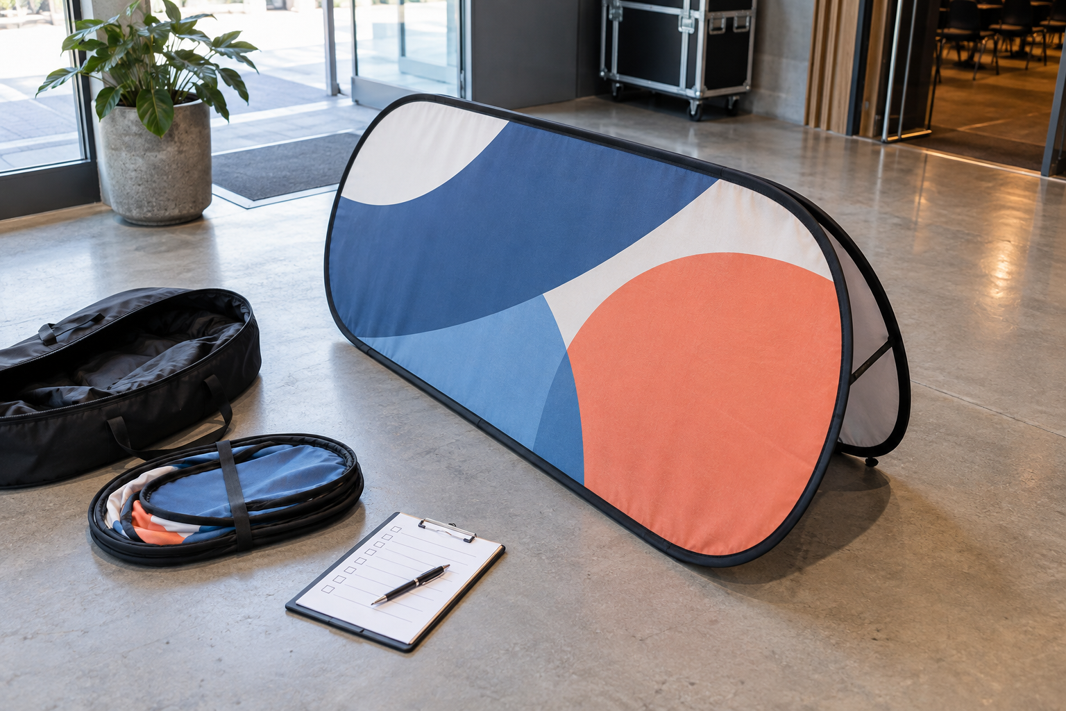Pop-up A-frame banner, carry bag, folded frame, and procurement checklist beside a venue entrance