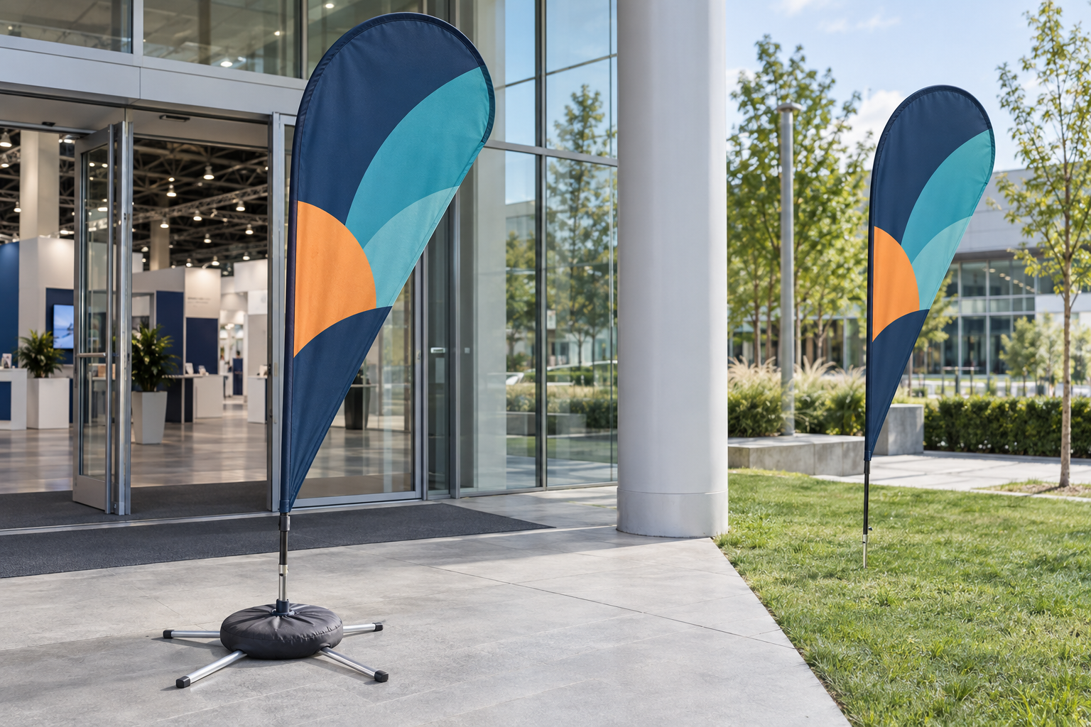 Two custom teardrop flag systems showing a cross base with water weight on hard ground and a ground spike on grass