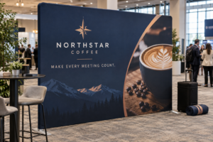 NORTHSTAR COFFEE tension fabric backdrop fitted across a straight aluminum frame at a conference venue