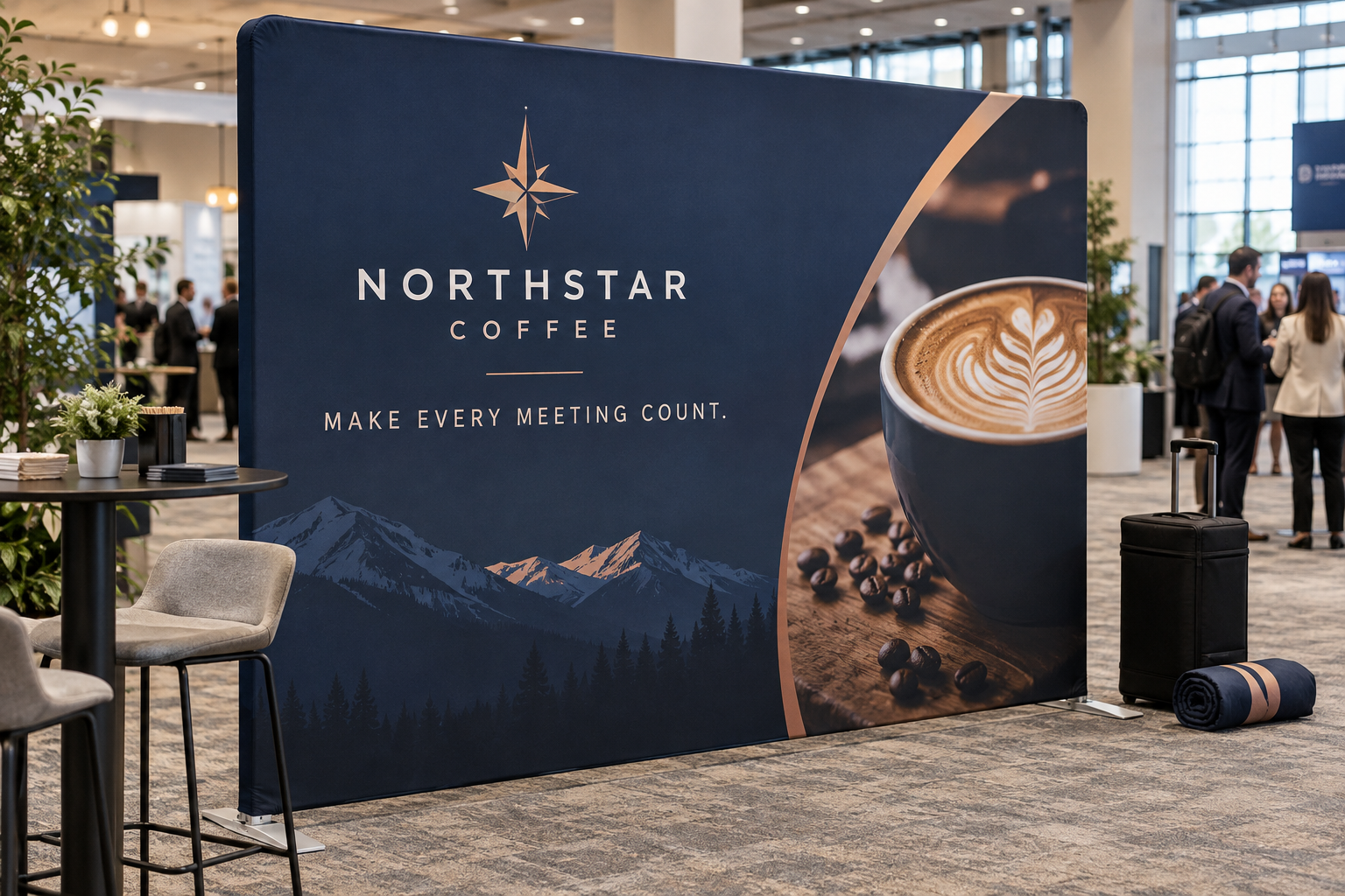NORTHSTAR COFFEE tension fabric backdrop fitted across a straight aluminum frame at a conference venue