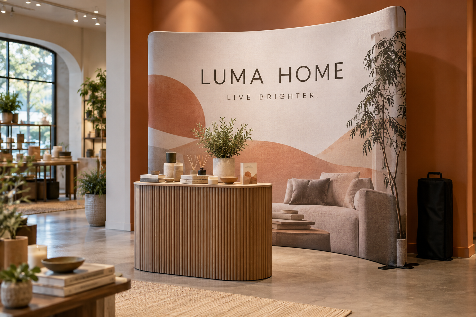 LUMA HOME curved tension fabric backdrop reused behind a retail product-launch display with a carry bag nearby
