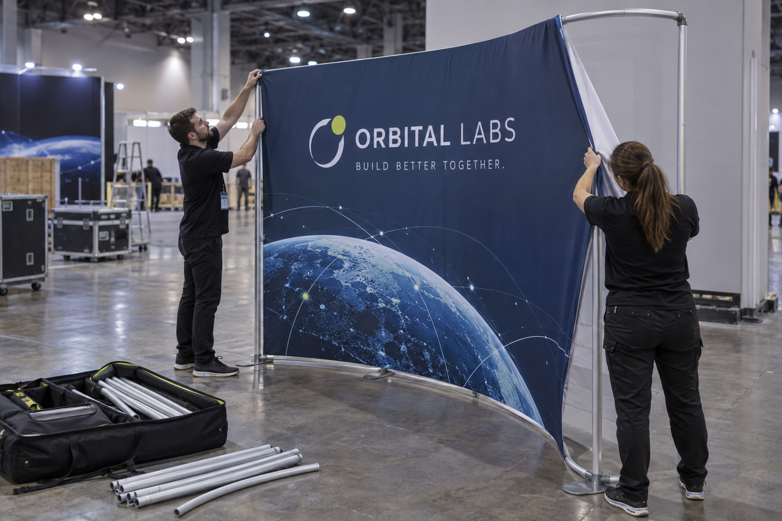 ORBITAL LABS printed tension fabric graphic being fitted over a curved aluminum display frame during exhibition setup