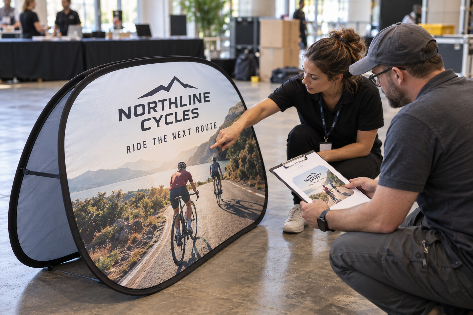 Print-production specialist comparing a Northline Cycles A-frame banner with its revised artwork proof on a clipboard