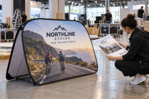 Event coordinator reviewing a Northline Cycles pop-up A-frame banner artwork proof during exhibition load-in