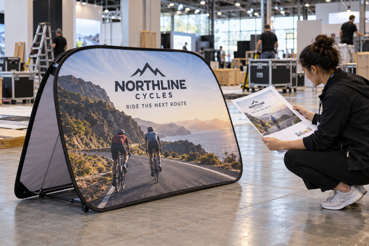 Event coordinator reviewing a Northline Cycles pop-up A-frame banner artwork proof during exhibition load-in