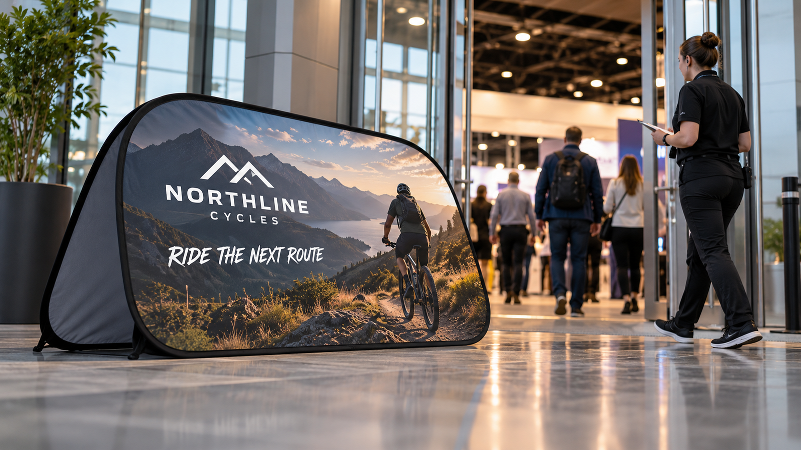 Northline Cycles pop-up A-frame banner positioned beside a convention entrance while staff checks the visitor sightline