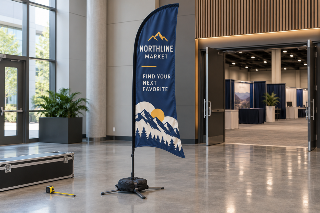 NORTHLINE MARKET custom feather flag on a four-arm cross base with a refillable water-weight bag on an indoor hard floor