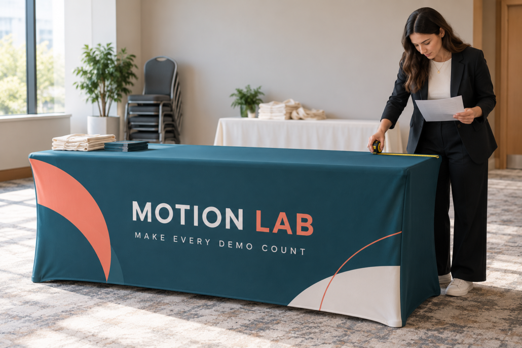 MOTION LAB fitted custom table cover being checked with a tape measure before an event quote request