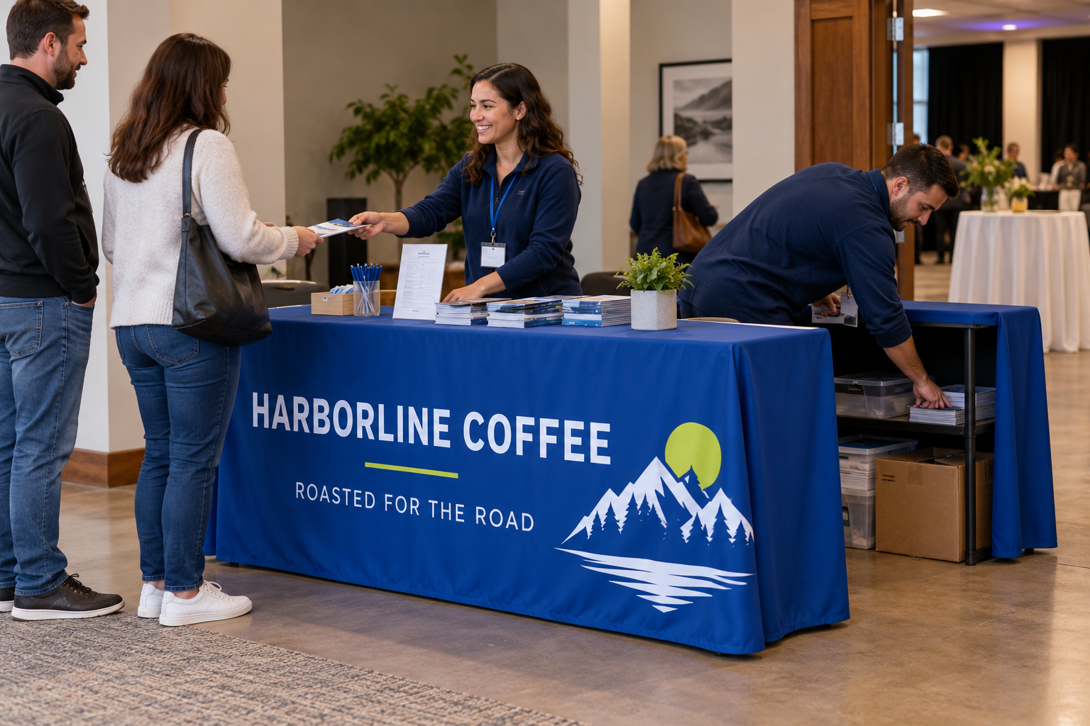 HARBORLINE COFFEE three-sided open-back custom table cover with staff access to brochures and storage boxes