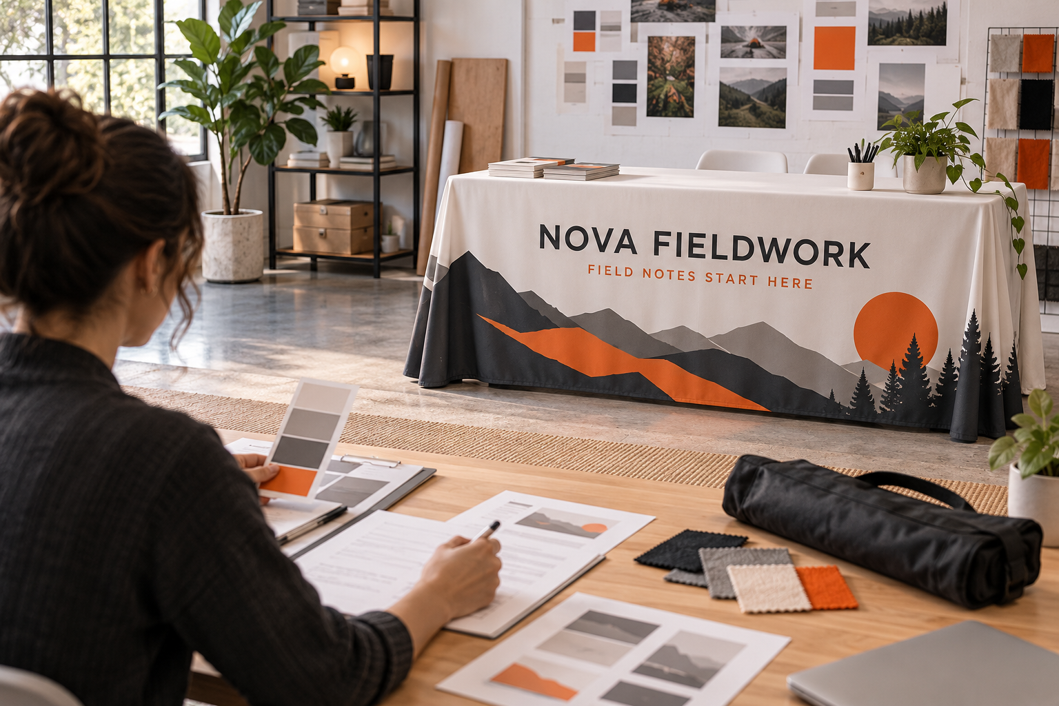 NOVA FIELDWORK standard throw custom table cover displayed while an agency organizes a quote brief and fabric swatches