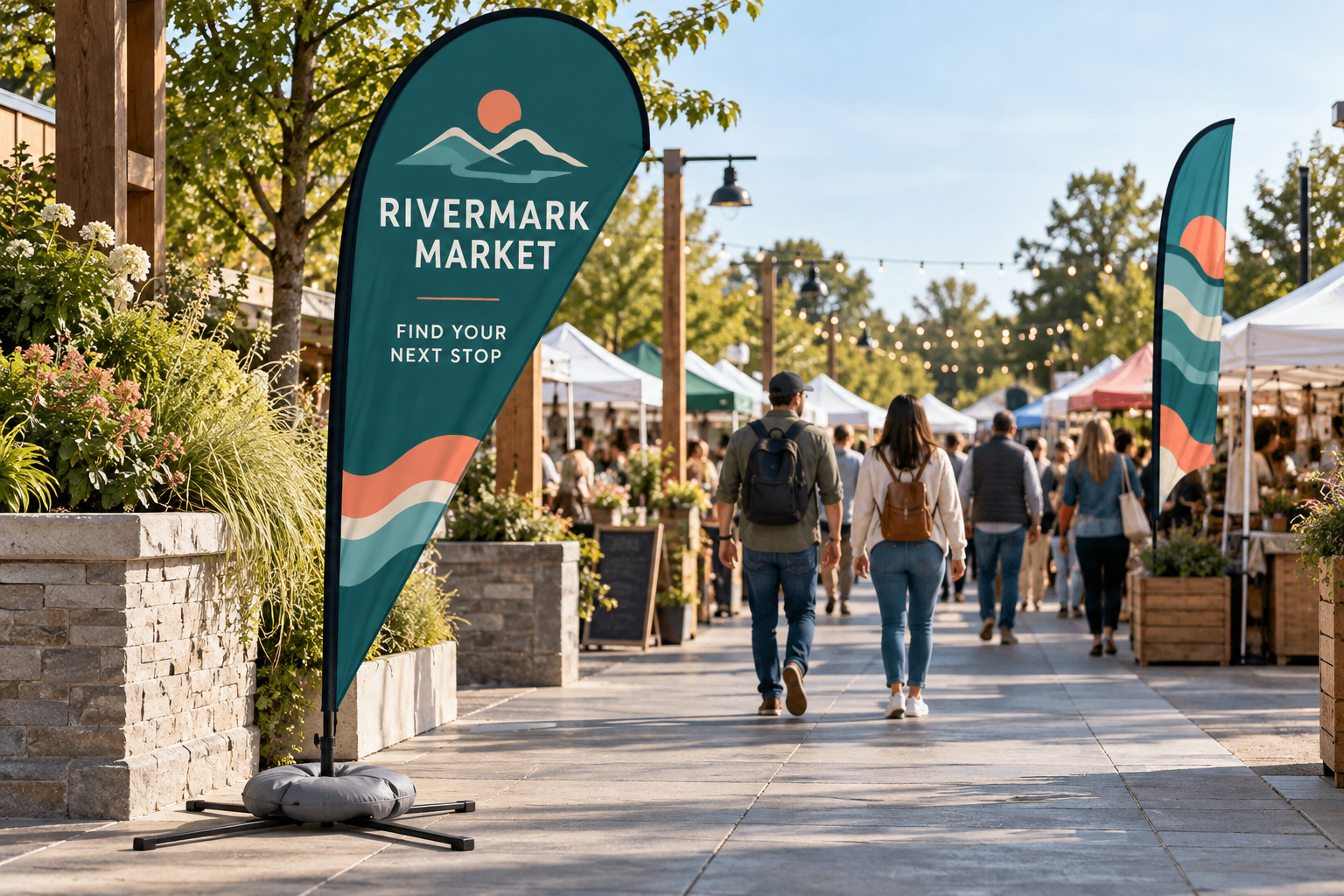 Rivermark Market custom teardrop flag at a paved market entrance with a cross base and water-weight bag