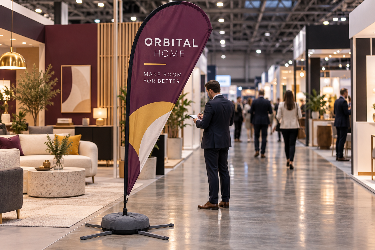 Orbital Home custom teardrop flag aligned with an exhibition aisle on a cross base and centered water-weight bag